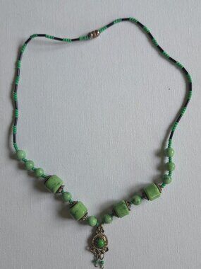 Vintage Tribal Green Stone Bead Necklace Filigree Pendant Brass Bead Caps